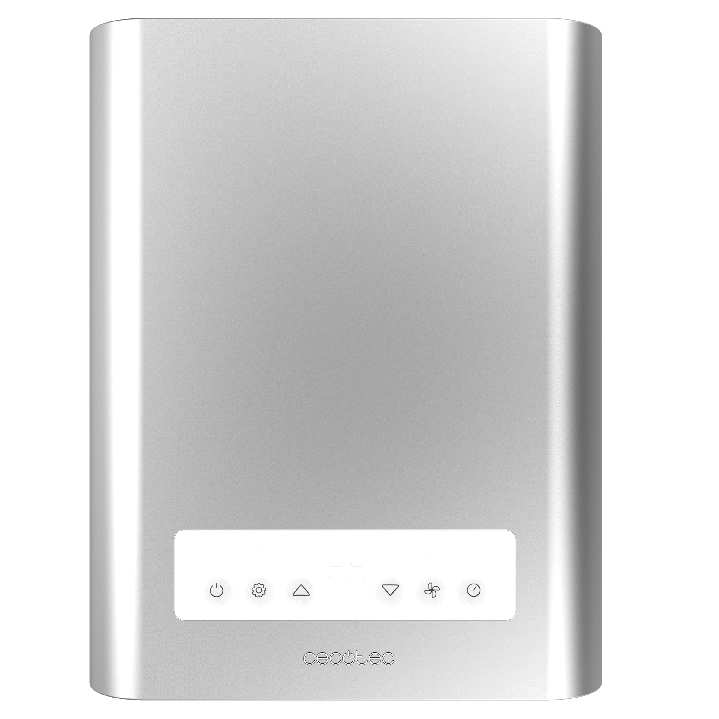 Electrodoméstico plateado con panel de control. Cuenta con botones y una pantalla.