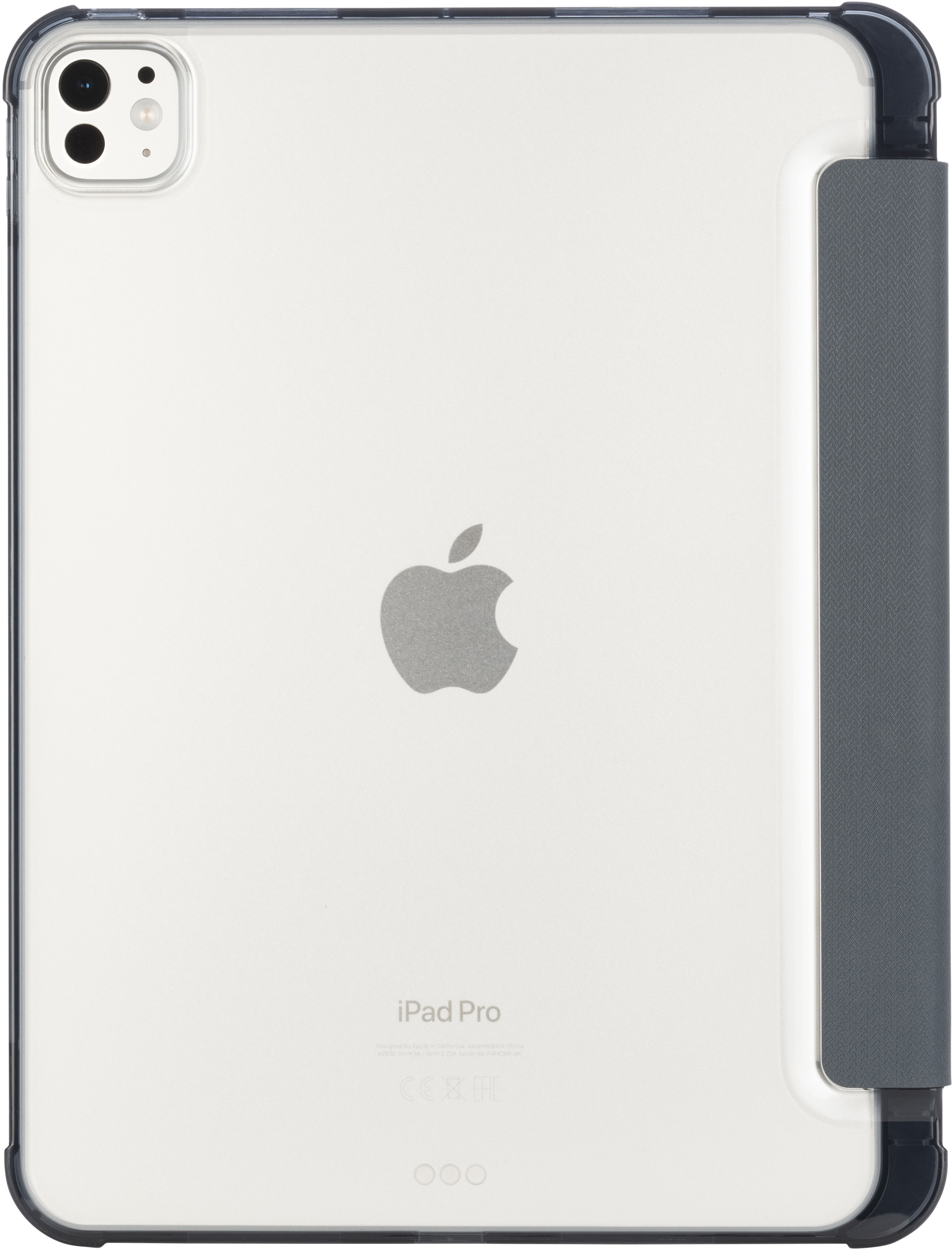 iPad Pro blanc dans un étui transparent. Logo Apple au dos, étui sombre, caméra.
