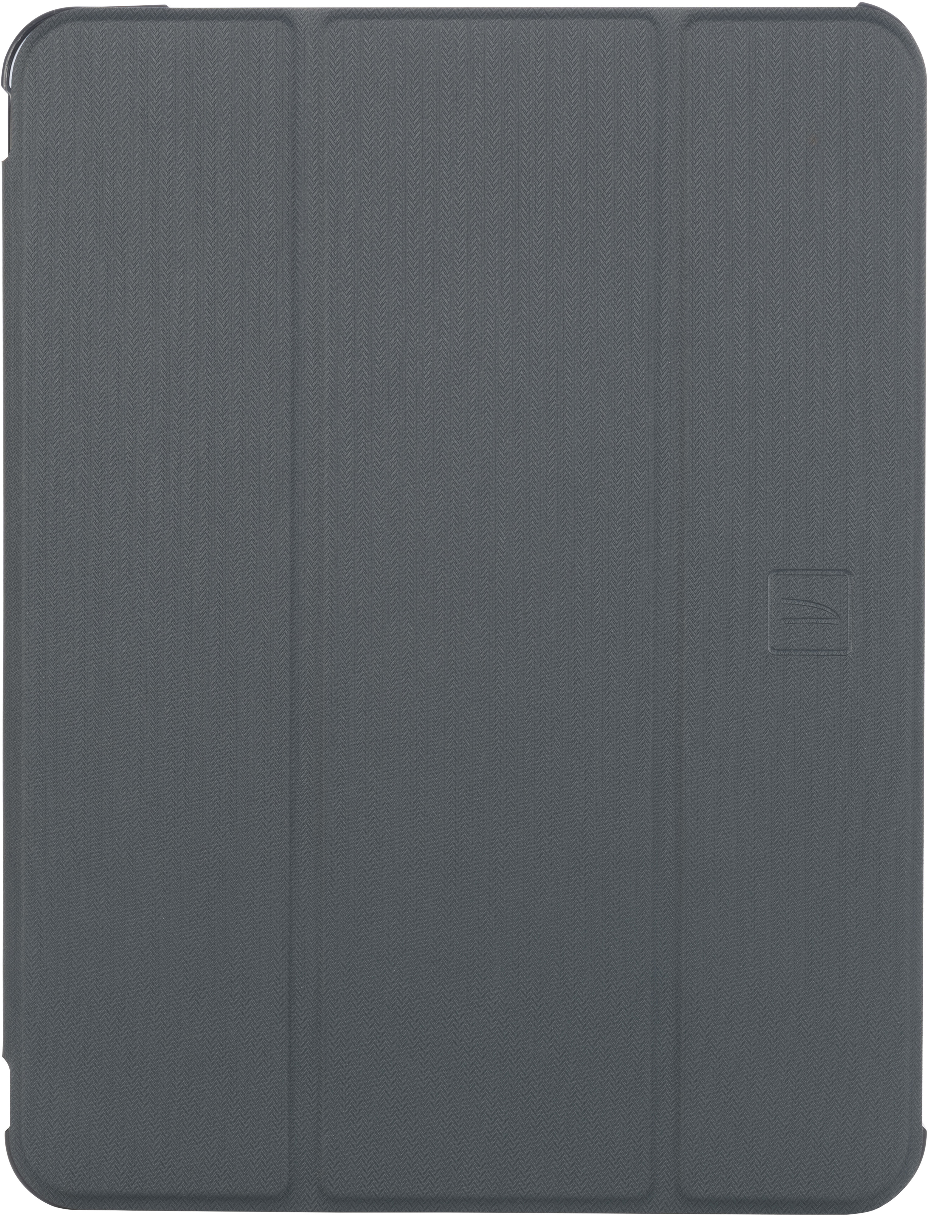 Étui de tablette, gris, fermé, avec un motif texturé sur la surface.