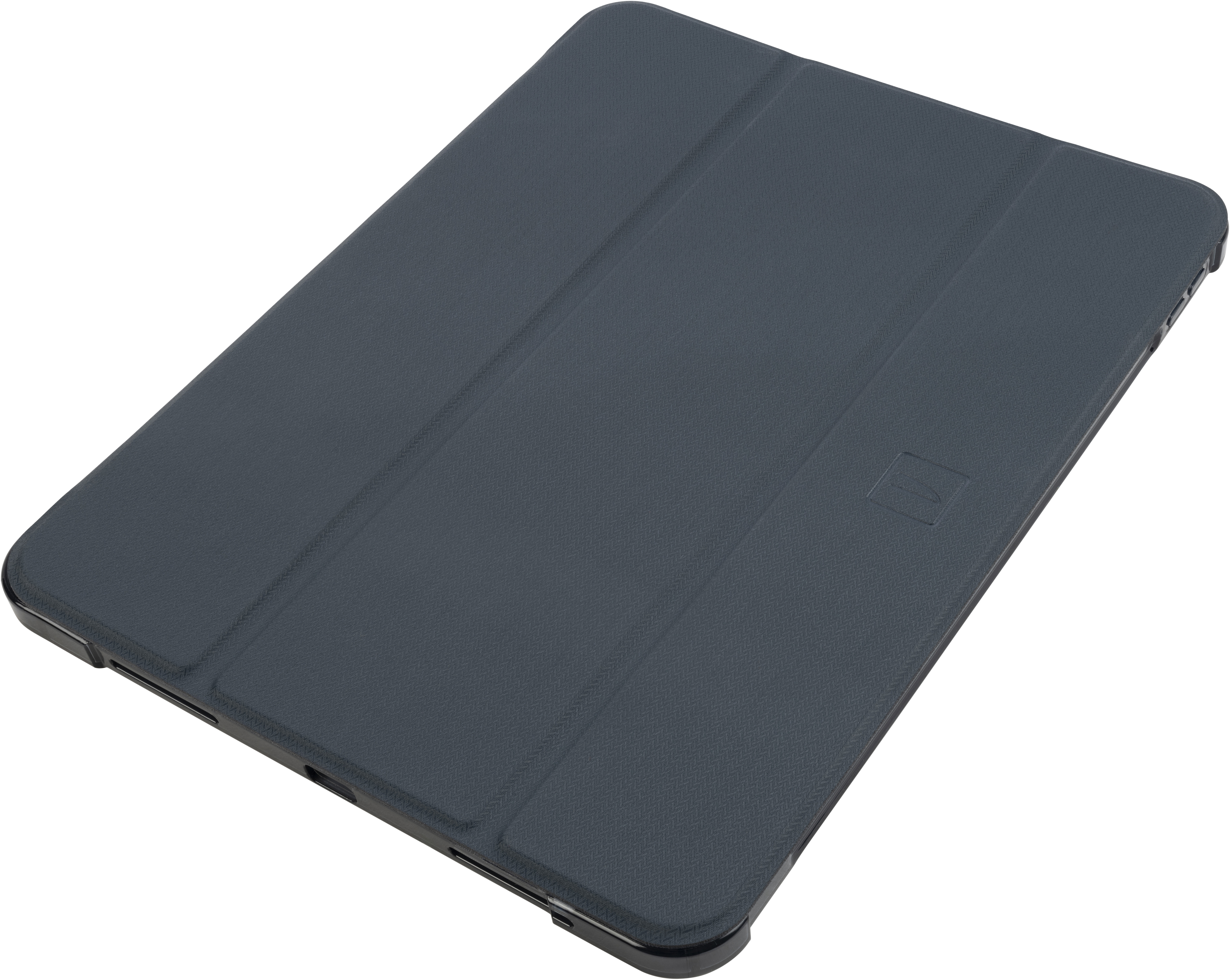 Étui de tablette bleu foncé avec une couverture fermée, texturée et un cadre noir.