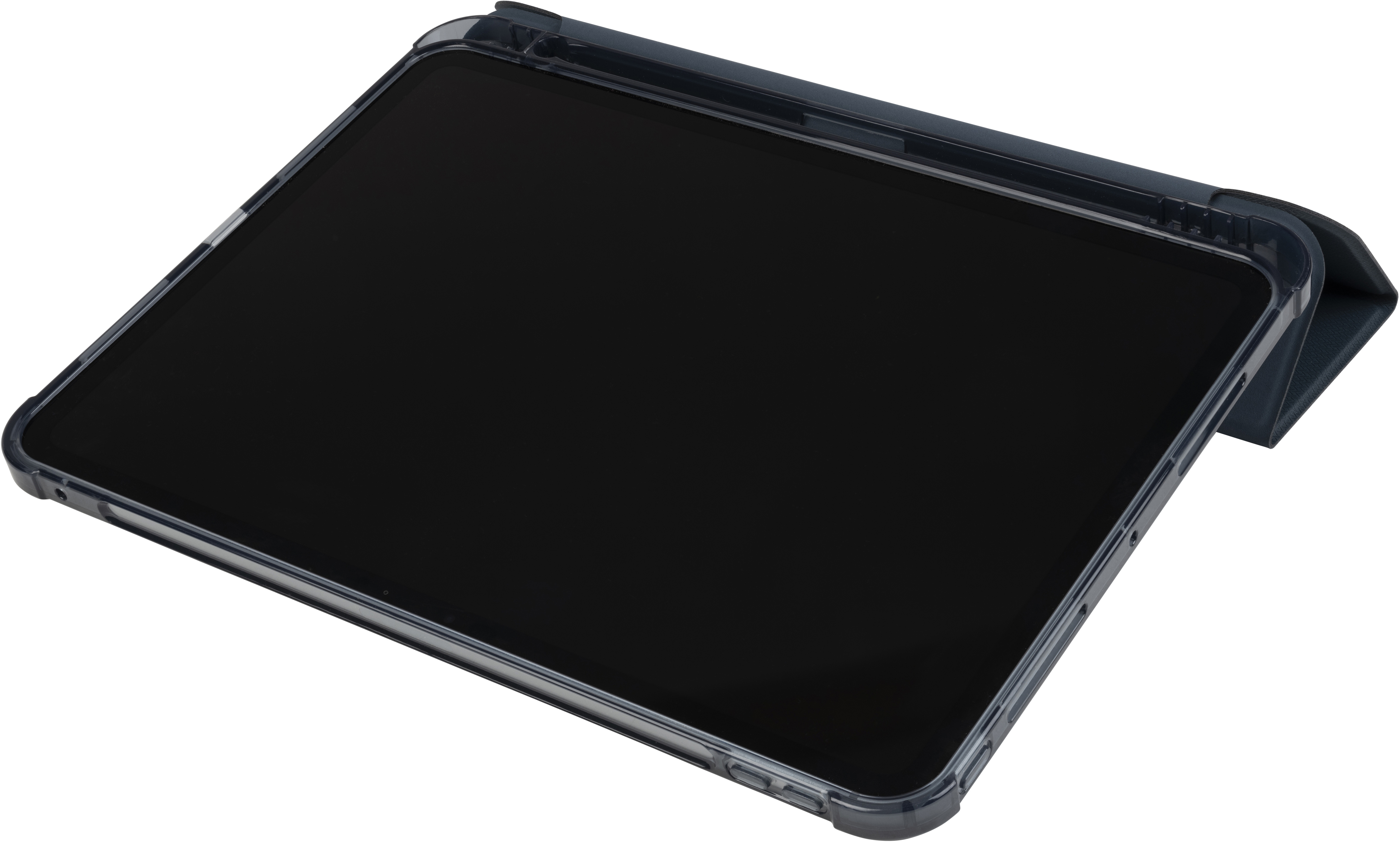iPad dans un étui surélevé. L'écran est noir. L'étui est gris foncé et transparent.