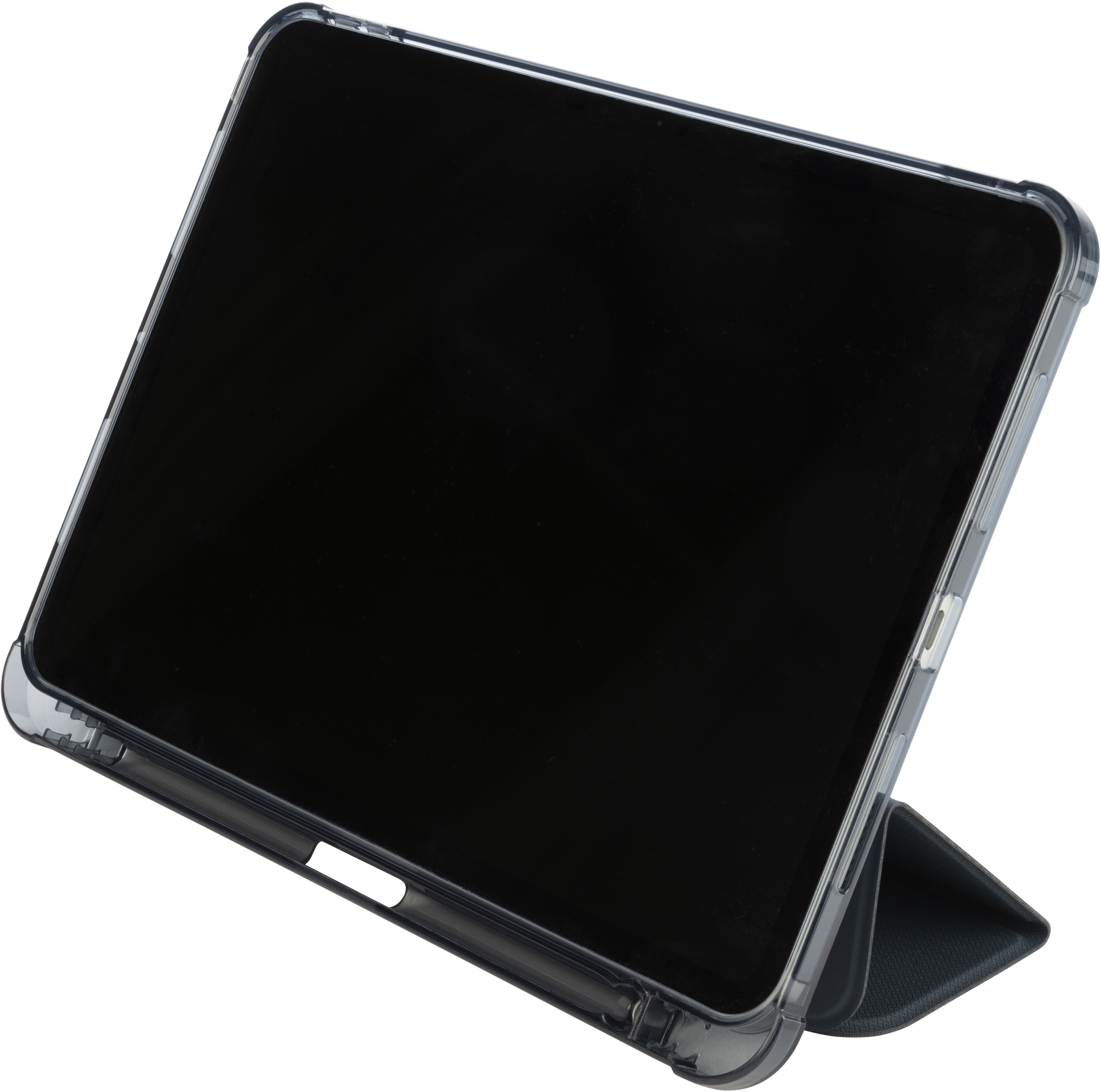 iPad dans un étui surélevé. L'écran est noir. L'étui est noir et transparent.