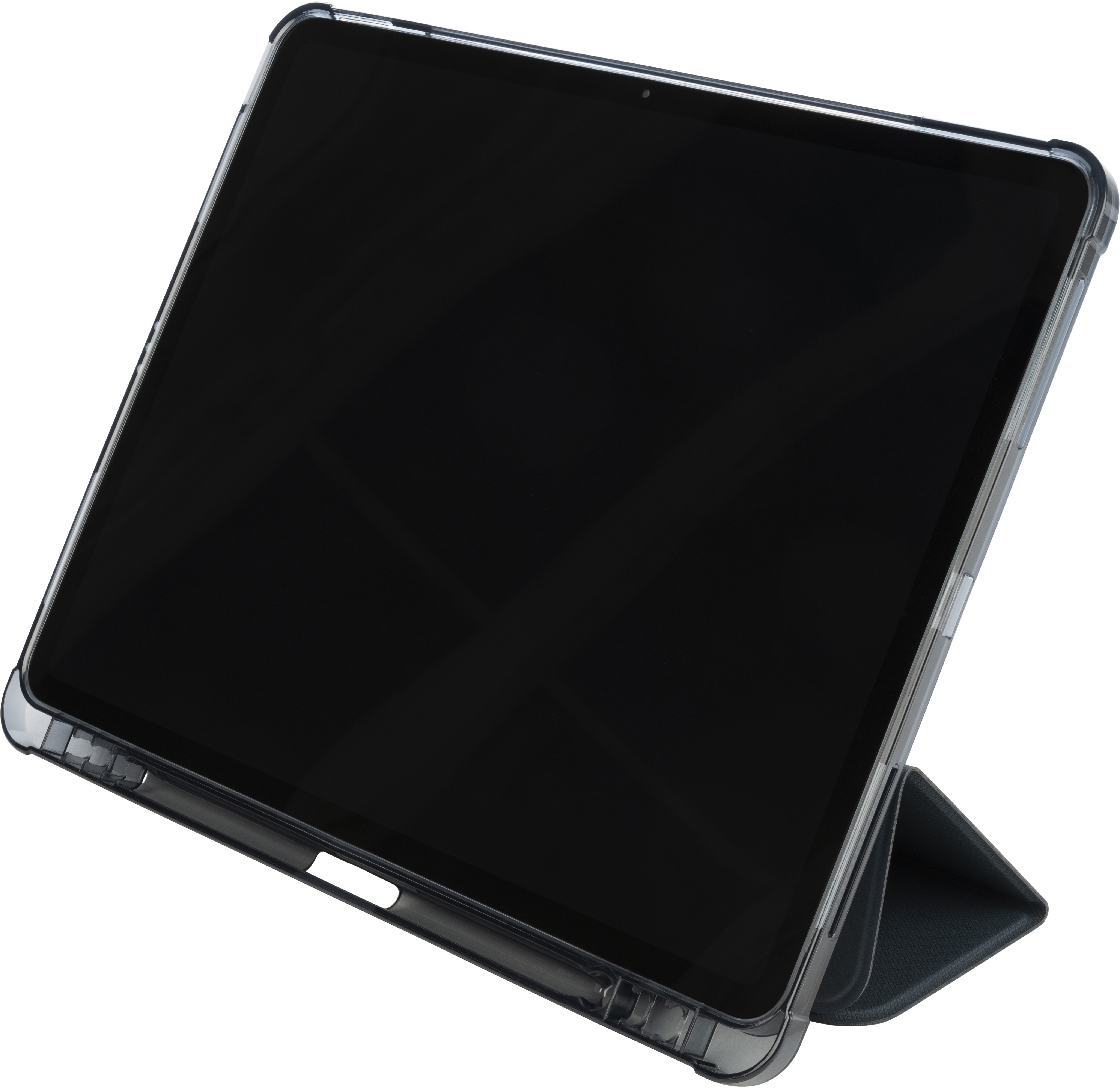 Ein iPad in einer transparenten Hülle, auf der Seite aufgestellt, schwarzer Bildschirm.