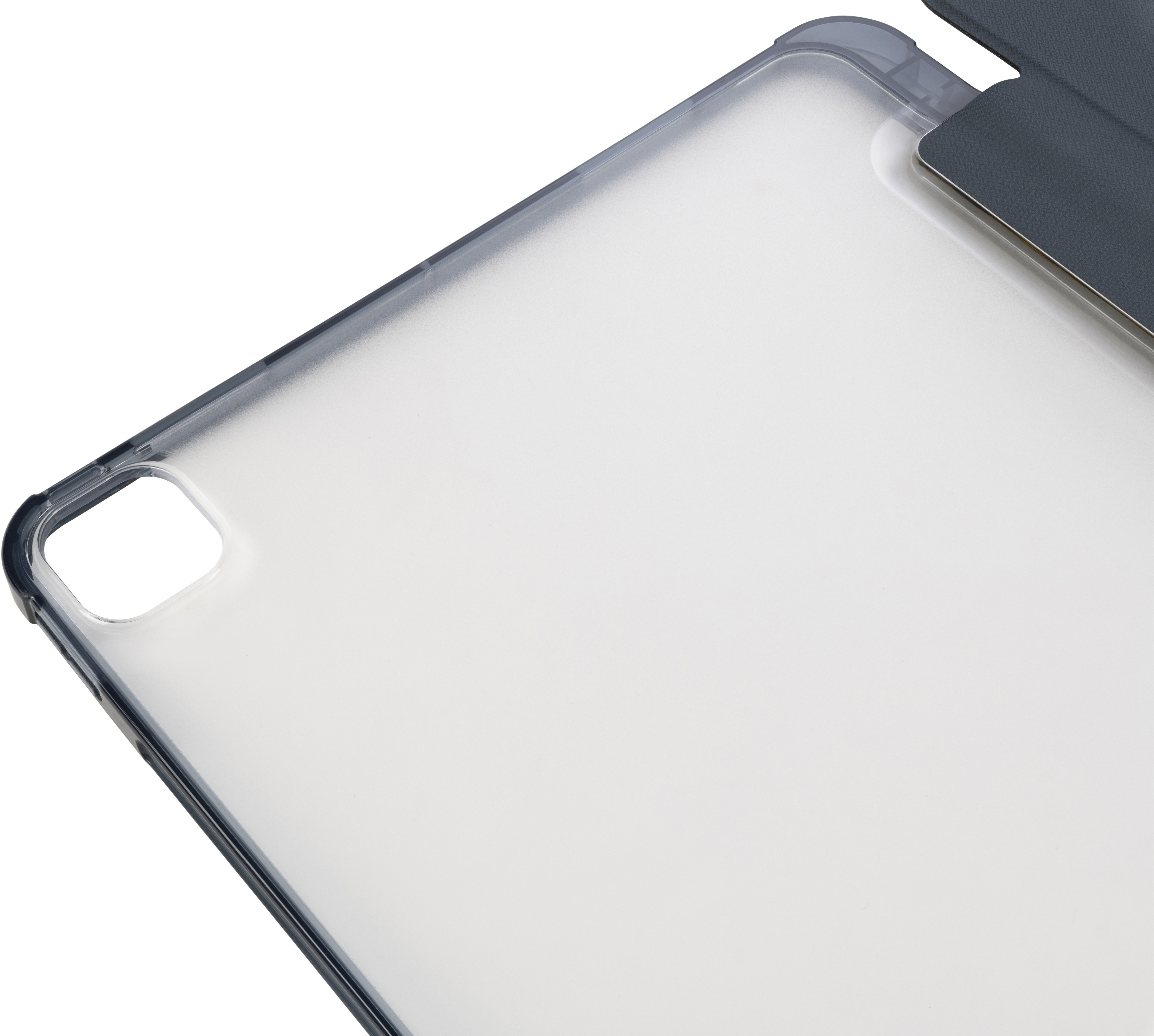 Transparente Tablet-Hülle mit dunkelgrauem Rand und Kameraausschnitt.