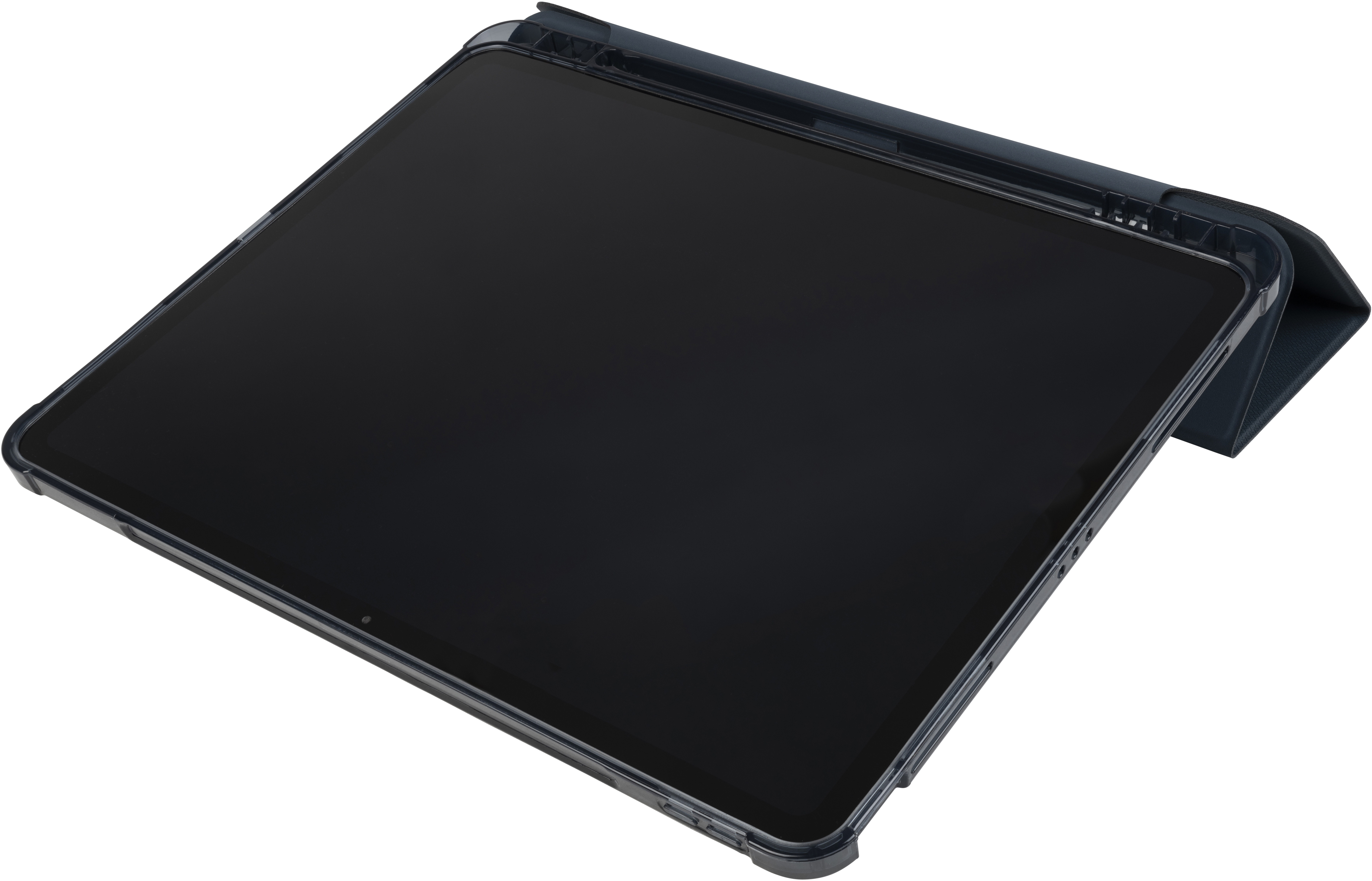 Tablet in einer dunkelblauen Hülle, geöffnet und dem Betrachter zugewandt.