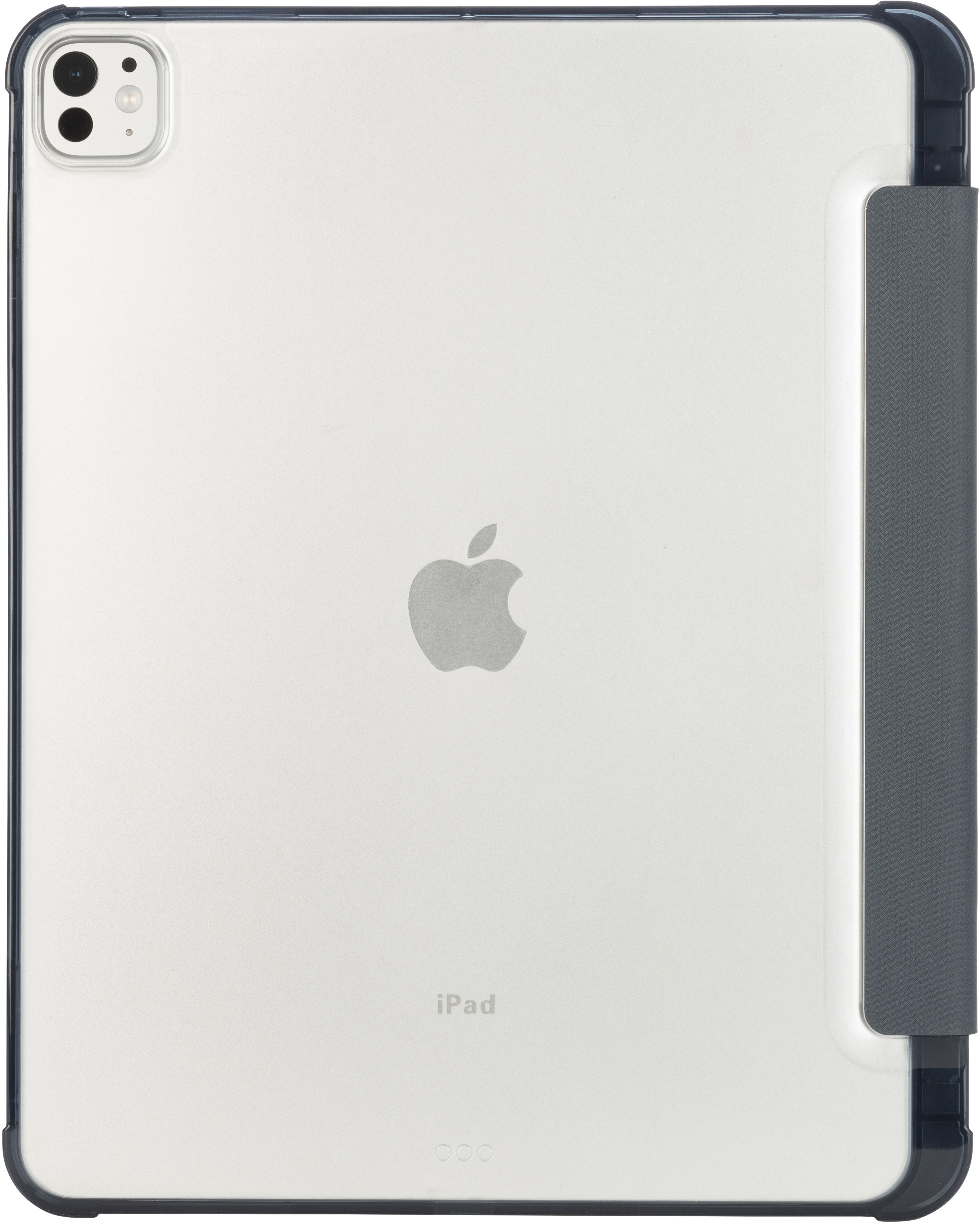 Ein iPad mit Hülle. Eine Kamera auf der Rückseite. Das Apple-Logo ist sichtbar. Weißer Hintergrund.