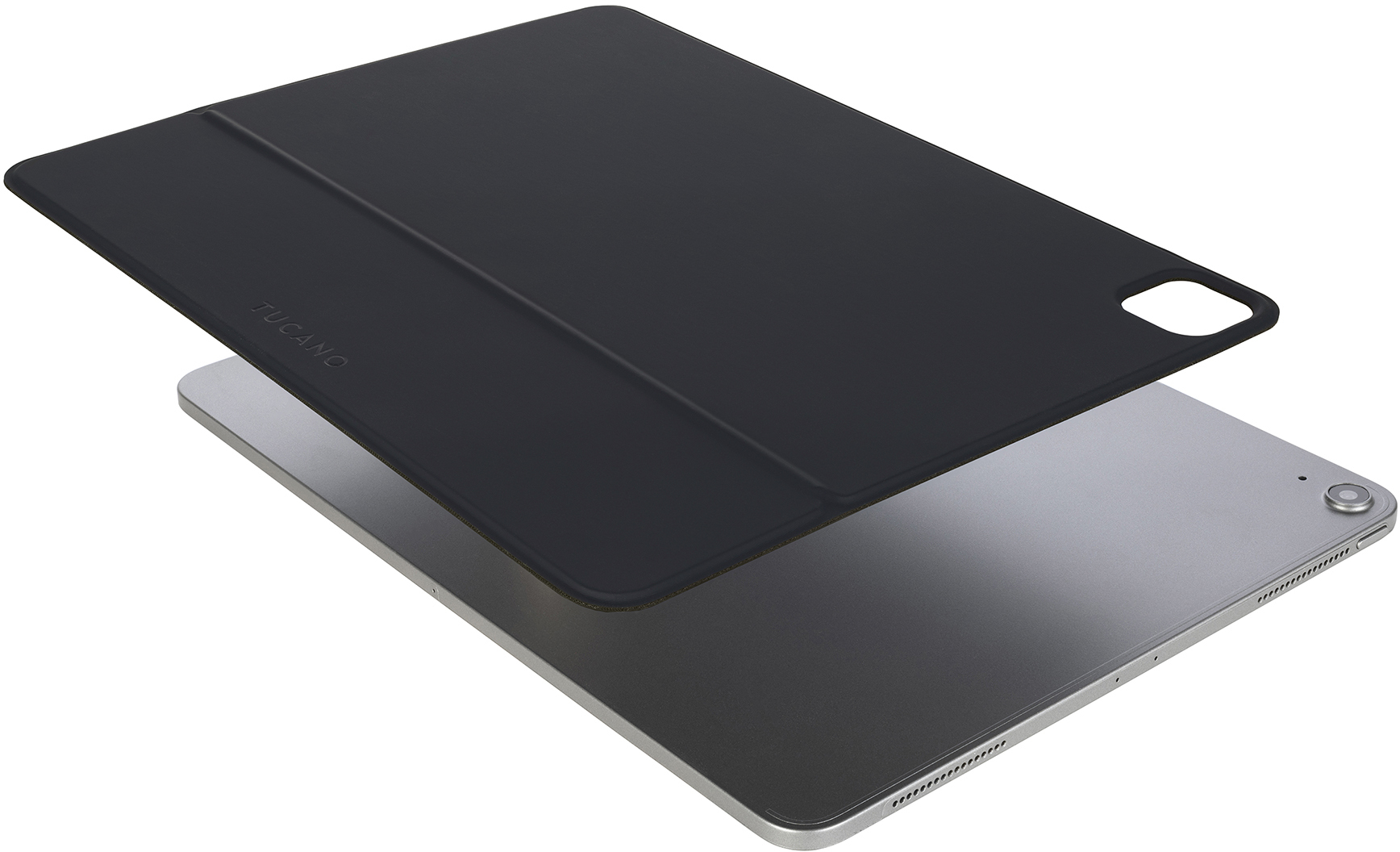 Schwarze Tablethülle über einem silbernen Tablet. Die Hülle ist offen.