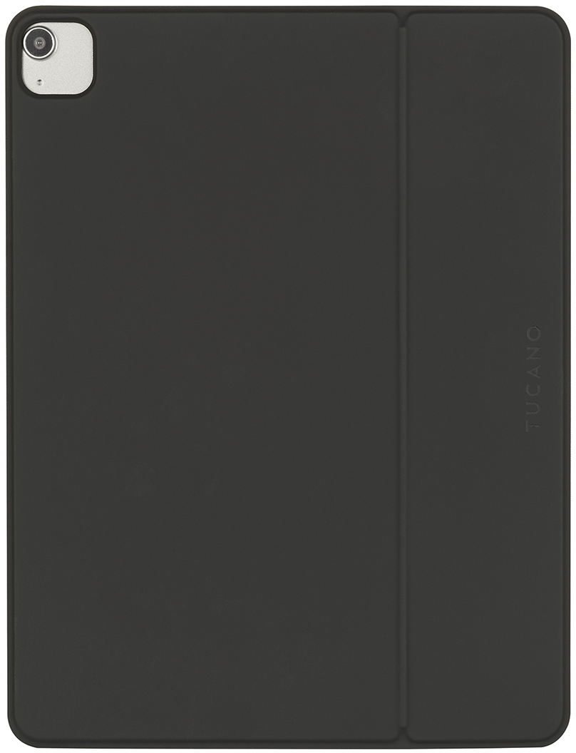 Schwarze iPad-Hülle mit Kameraausschnitt und Tucano-Logo.