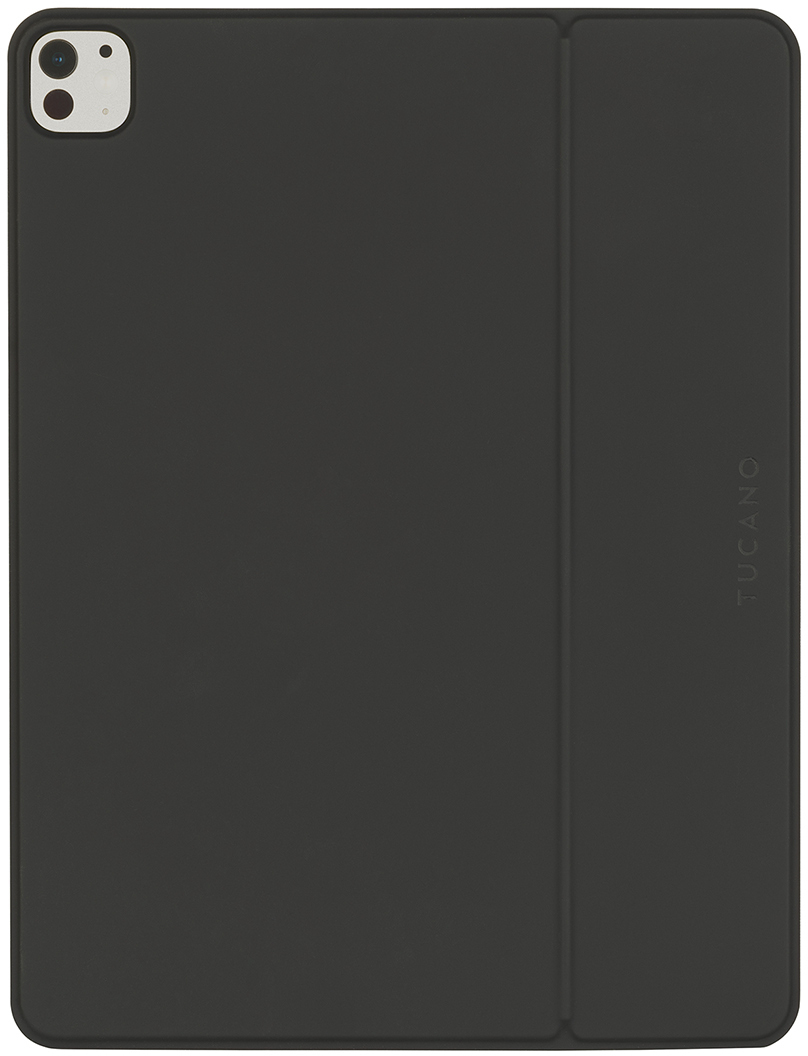 Ein Tablet mit dunkler Hülle, mit der Kamera auf der Rückseite sichtbar.