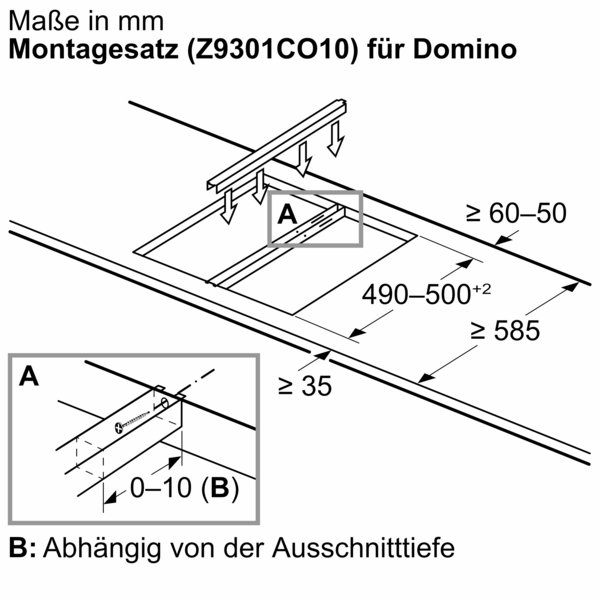 Diagramm einer Kochfeldinstallation mit Maßen und Nahaufnahme von Montagedetails.