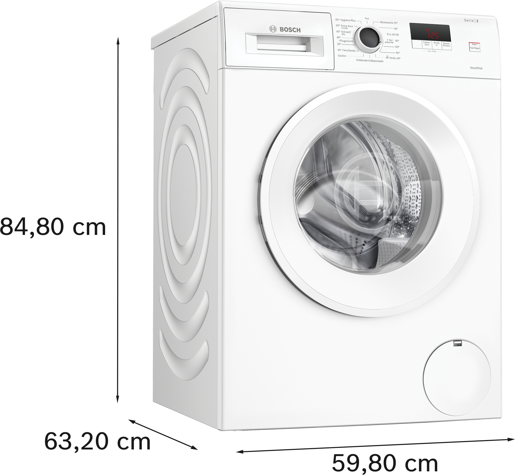 Weiße Bosch Waschmaschine. Maße: 84,80 cm hoch, 63,20 cm tief und 59,80 cm breit.