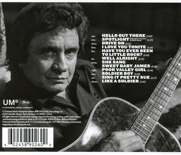 Albumcover mit Johnny Cash in Schwarzweiß, Gitarre und Trackliste.