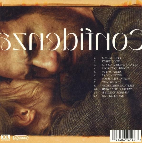 Albumcover mit verdeckten Gesichtern, Titel 'exhibiting' und Titelliste. Warme Töne.