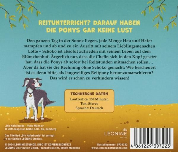 Rückseite eines CD-Covers. Text auf Deutsch über Ponys und Reitunterricht. Mit Hundeillustration.