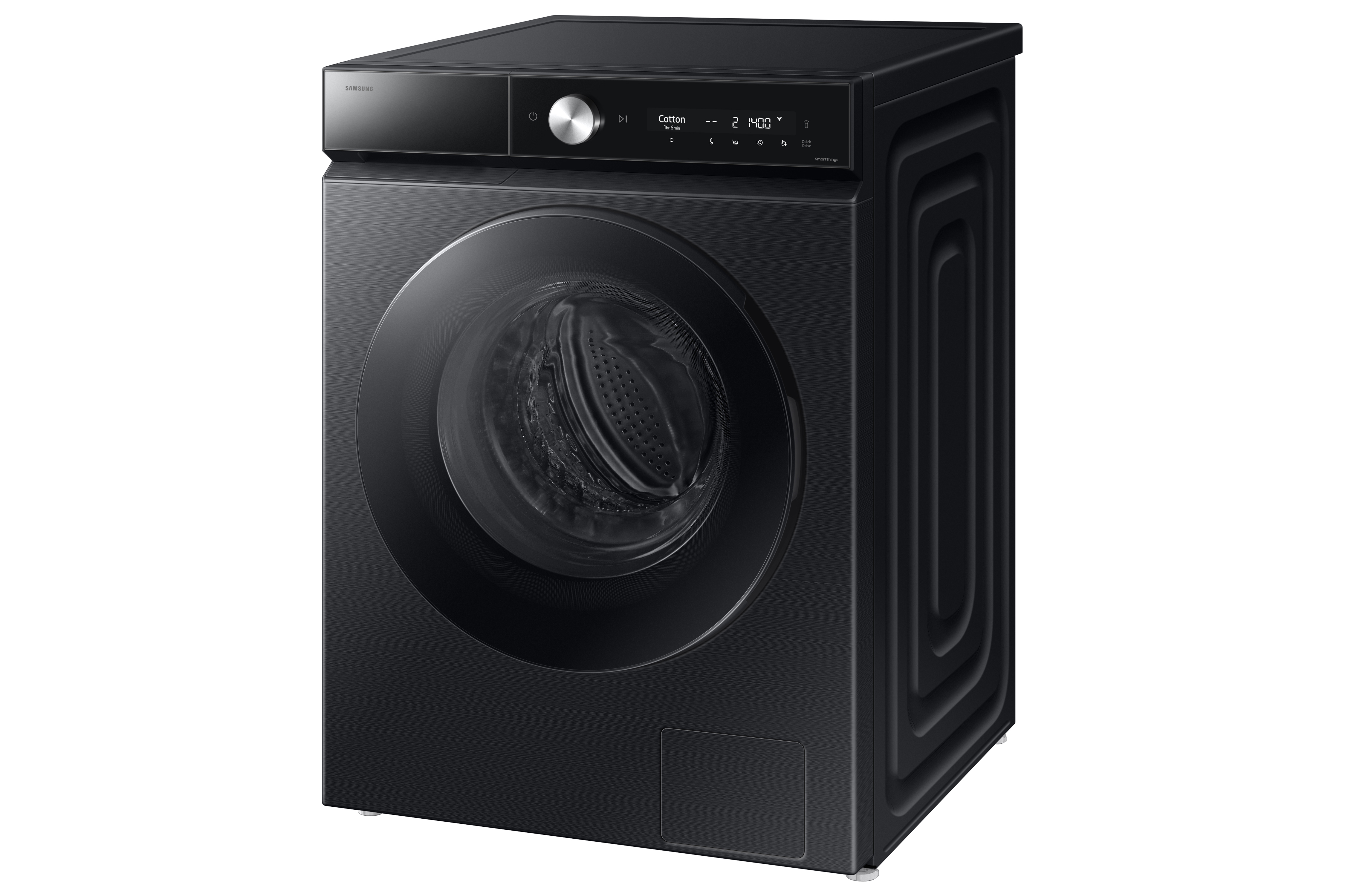 Schwarze Waschmaschine, Vorderansicht, weißer Hintergrund.