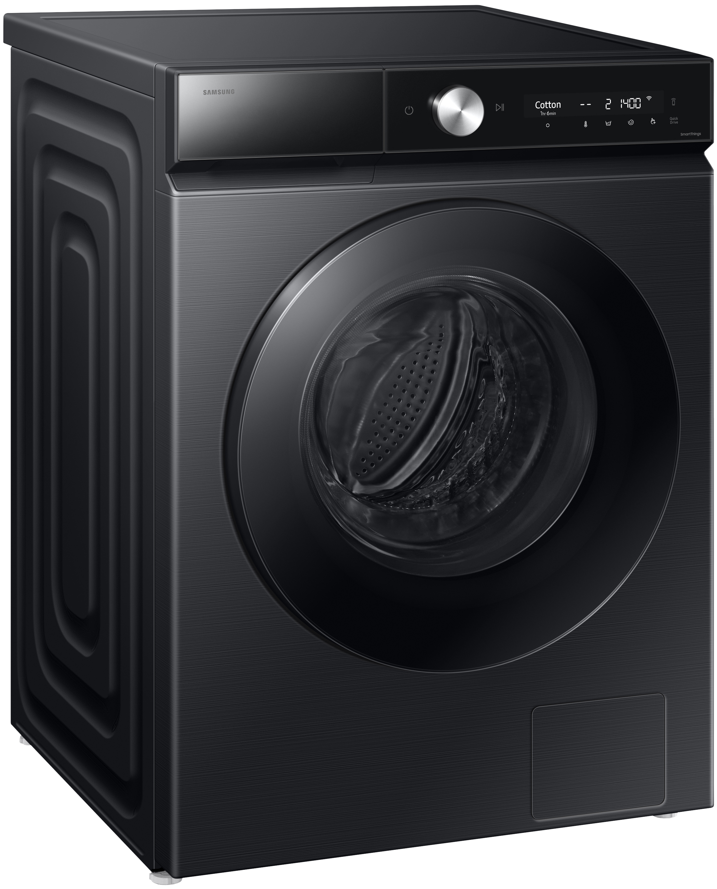 Eine schwarze Samsung Waschmaschine mit Digitalanzeige und Bedienfeld.