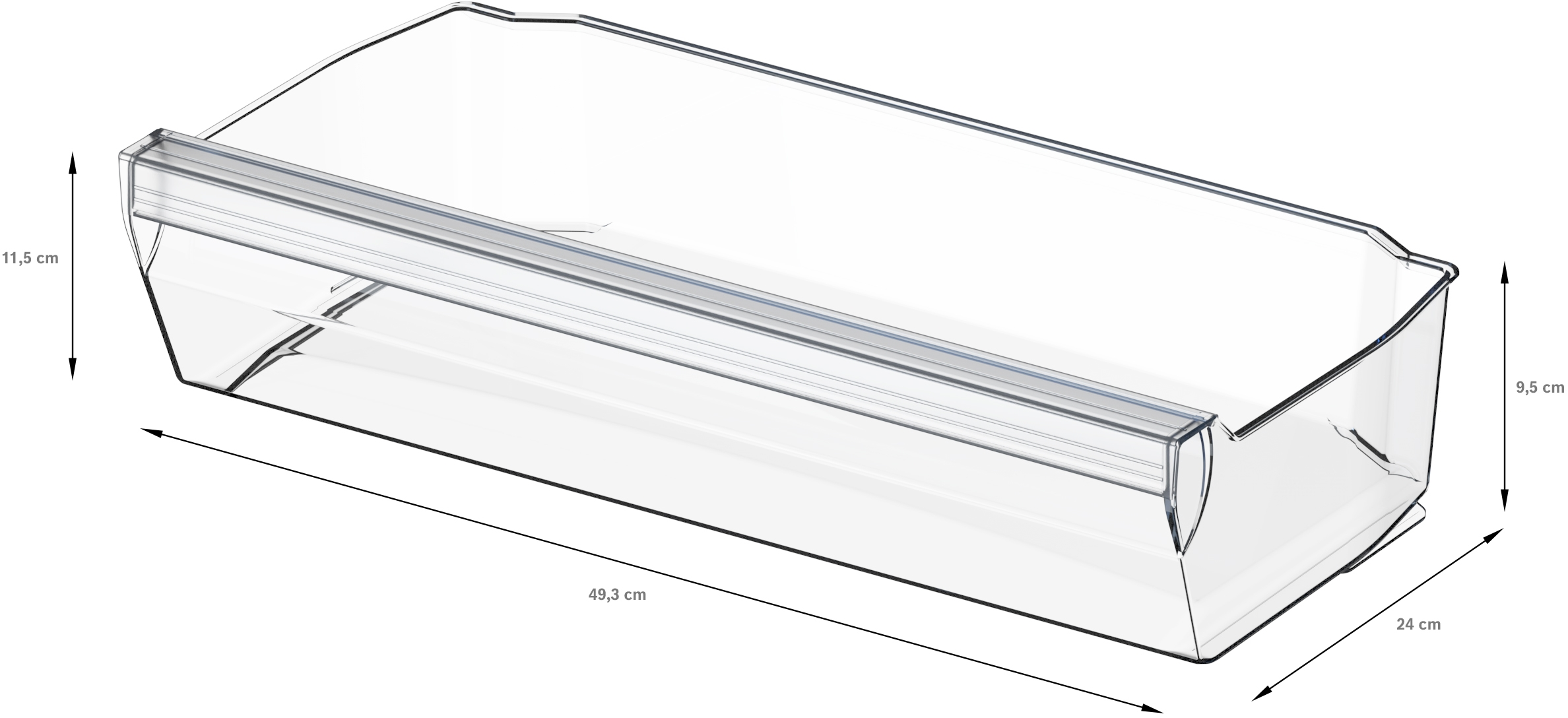 Eine transparente Kühlschublade mit in Zentimetern beschrifteten Abmessungen.