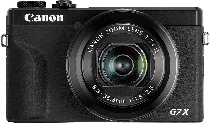 Schwarze Canon-Kamera mit nach vorne gerichtetem Objektiv. Canon Zoom-Objektiv sichtbar. Die Kamera ist schwarz mit G7X.