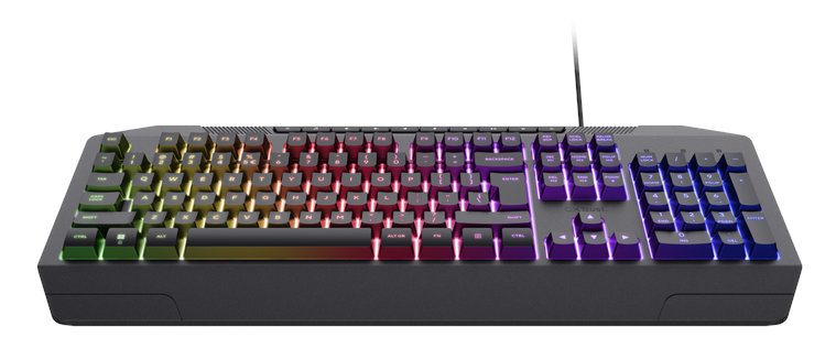 Klawiatura komputerowa z wielokolorowymi klawiszami. Biały kabel podłączony z tyłu.