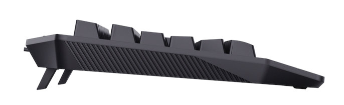 Widok z boku czarnej klawiatury z klawiszami i teksturowaną podstawą.