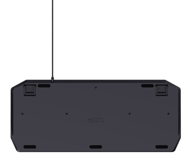 Spód czarnej klawiatury z kablem.