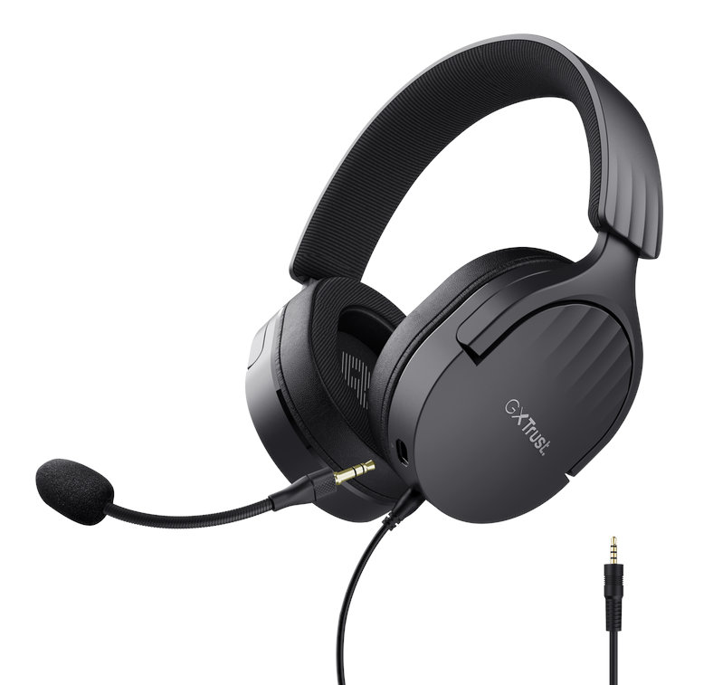 Czarny zestaw słuchawkowy dla graczy z mikrofonem i wtyczką 3,5 mm, na białym tle.