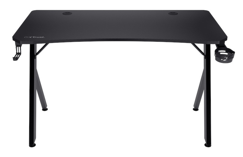 Czarny stół gamingowy z fakturą włókna węglowego. Uchwyt na kubek i haczyk na słuchawki. Czarne nogi.