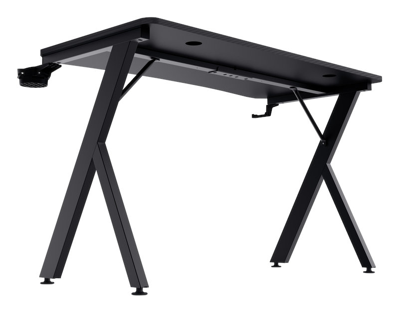 Czarny stół do gier z nogami w kształcie litery X. Biurko widać od dołu. Czarny kolor.