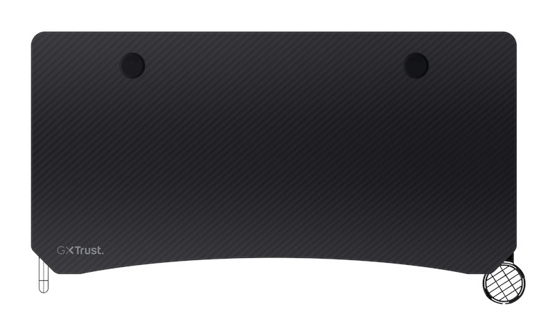 Czarny biurko z teksturą włókna węglowego, dwoma otworami i zakrzywioną krawędzią.