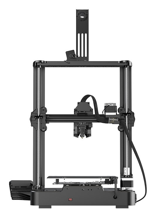 Drukarka 3D, czarna rama z głowicą drukującą pośrodku i platformą na dole.