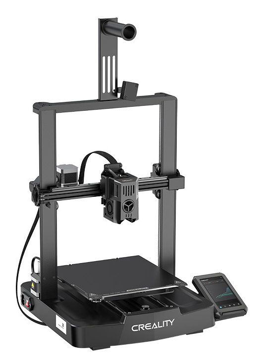 Czarna drukarka 3D Creality na białym tle, z ekranem i różnymi komponentami.