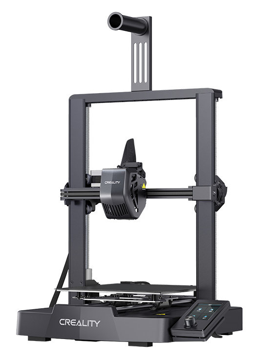 Drukarka 3D w kolorze czarnym. Na białym tle, z wyświetlaczem i sterowaniem.