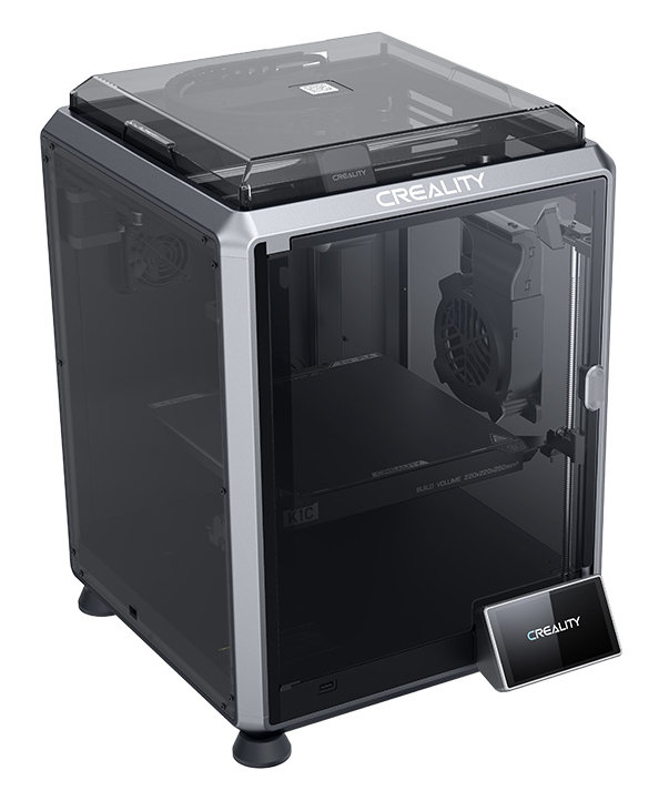 Drukarka 3D, czarna i srebrna, z przezroczystą pokrywą i drzwiami.