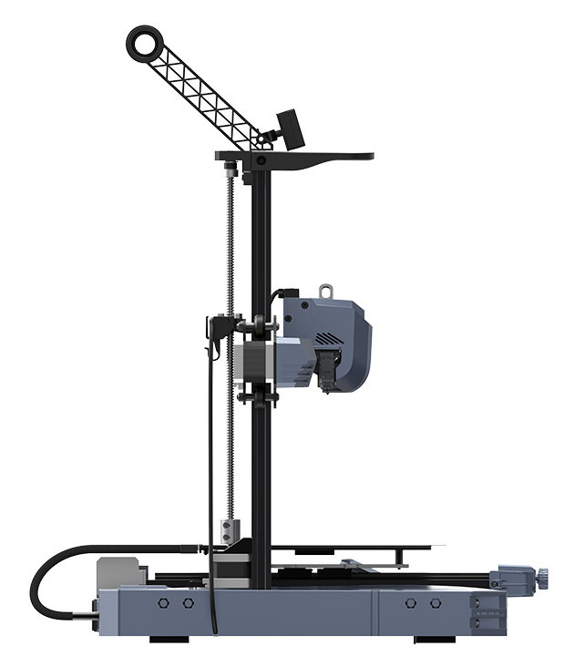 Drukarka 3D w kolorze szarym i czarnym. Ma bramę, platformę do drukowania i dyszę. Czarne ramię rozciąga się w górę.