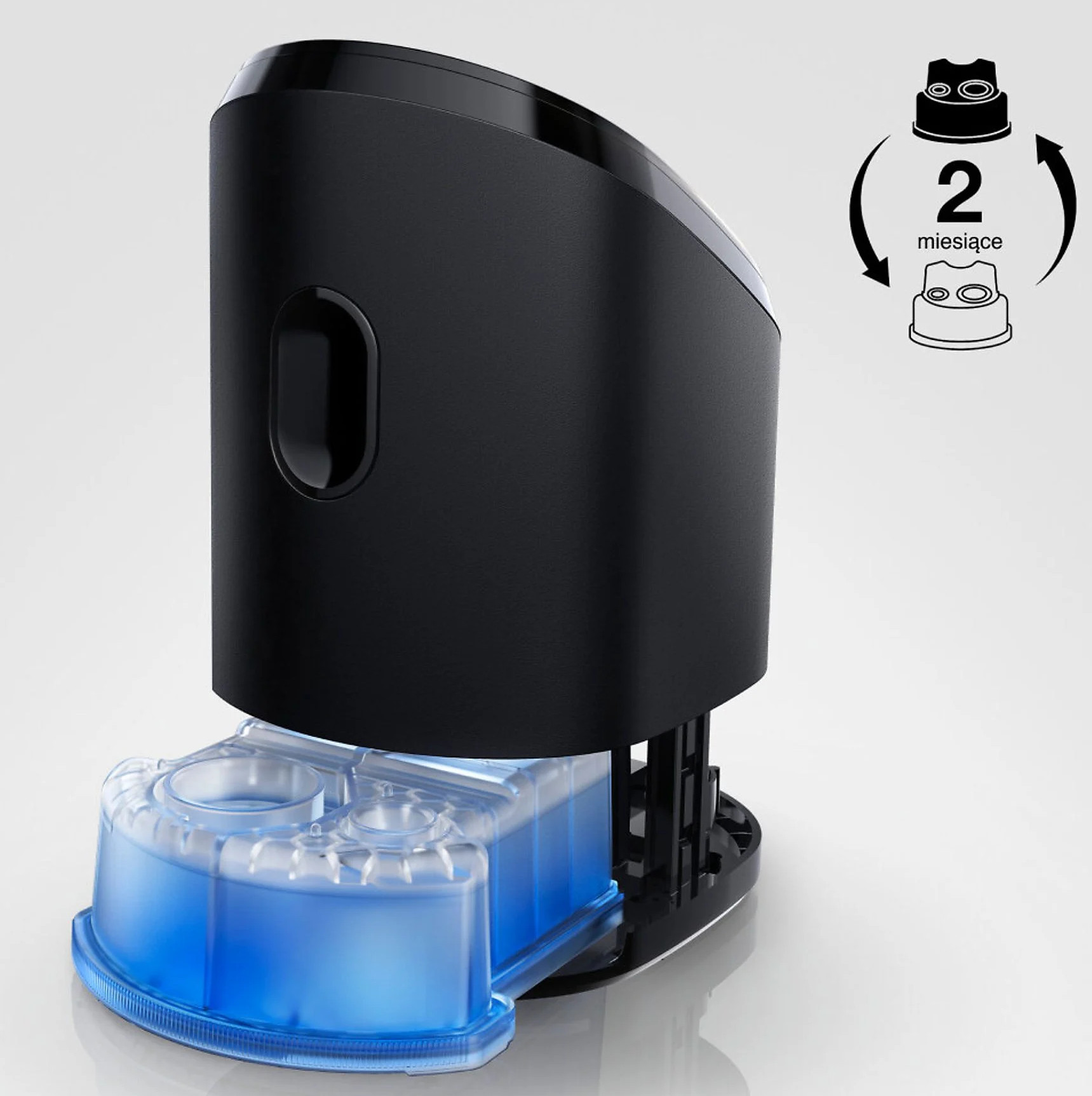 Czarne i szare urządzenie z niebieskim pojemnikiem na ciecz na dole.