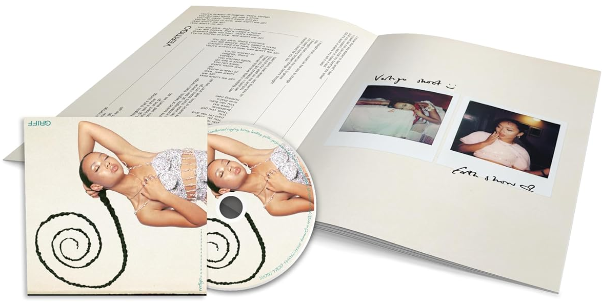 A 'Vertigo' Griff album borítója és füzete, hosszú fekete fonatú nővel.