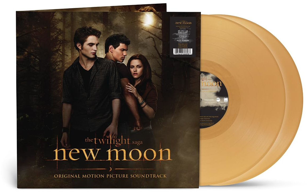 A Twilight Saga: New Moon bakelitlemez készlet, két arany színű lemezzel és borítóval.