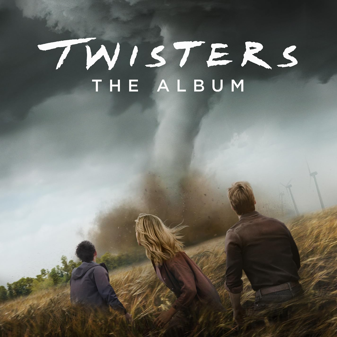 A 'Twisters: The Album' album borítója. Emberek a mezőn, egy tornádó a háttérben.