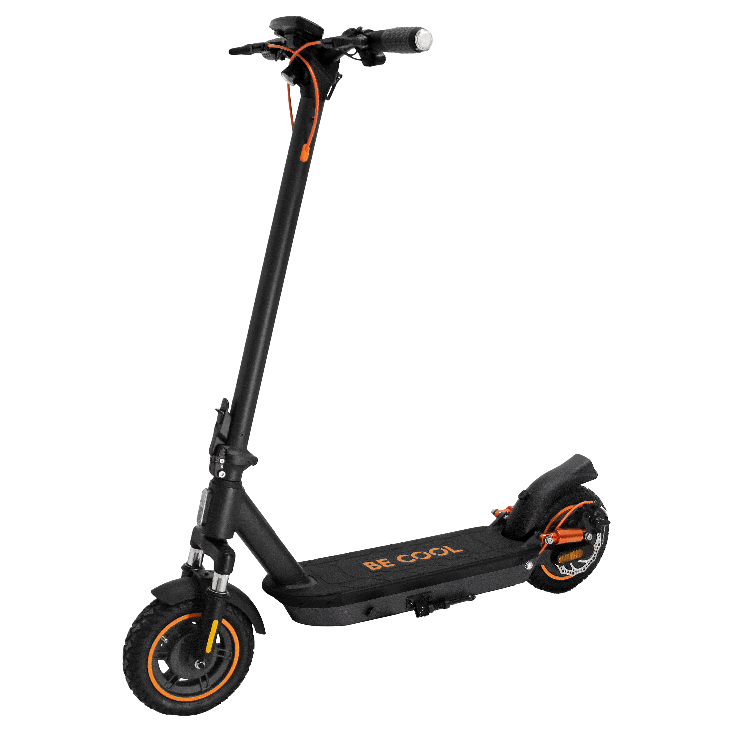 Schwarzer Elektroroller mit orangefarbenen Akzenten. Er hat einen schwarzen Rahmen und das Wort 'BE COOL'.