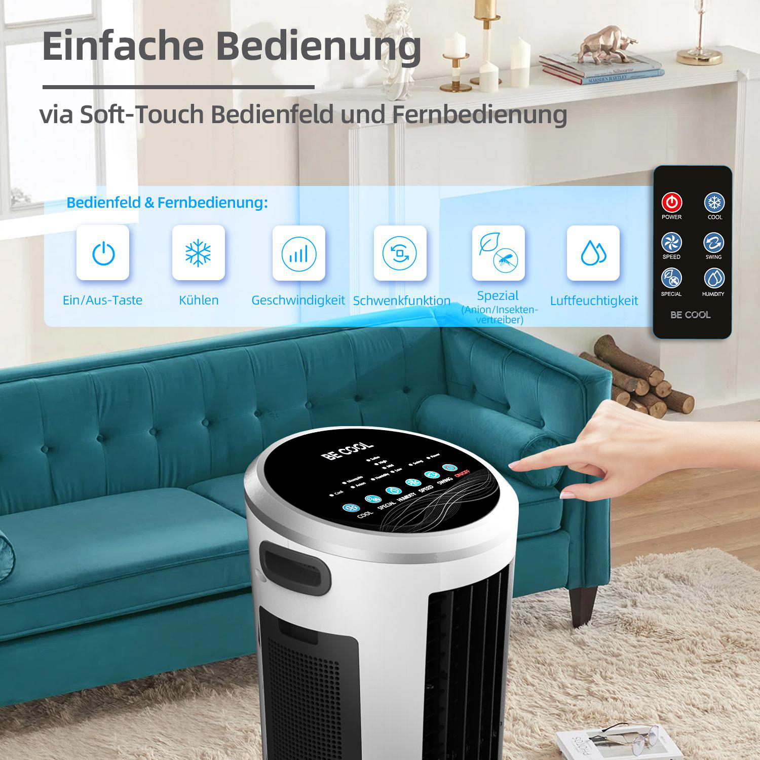 Ein weißer und schwarzer Luftreiniger mit einem türkisfarbenen Sofa im Hintergrund. Eine Hand berührt das Bedienfeld.