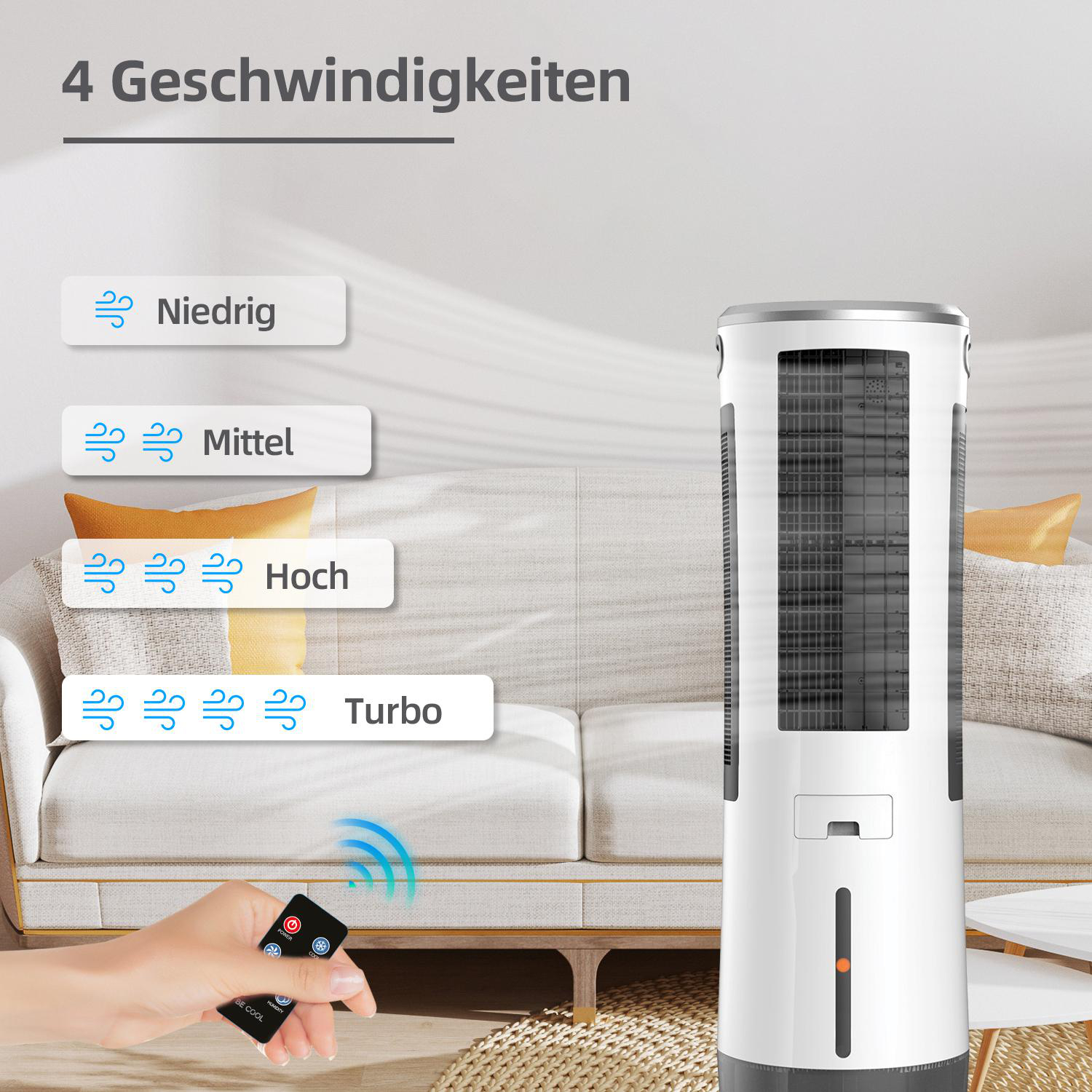 Weißer Luftkühler mit Bedienfeld, Hand mit Fernbedienung und Lüfterstufen.