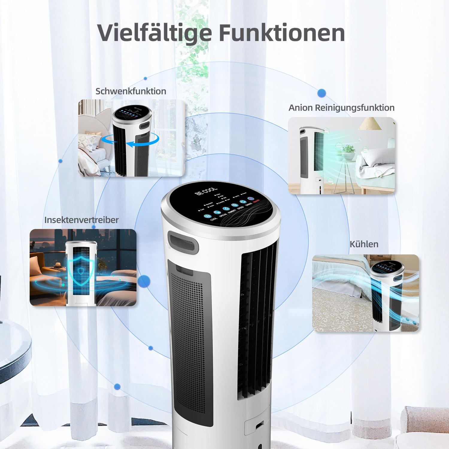 Ein weiß-schwarzer Luftkühler mit Symbolen, die seine Funktionen zeigen.