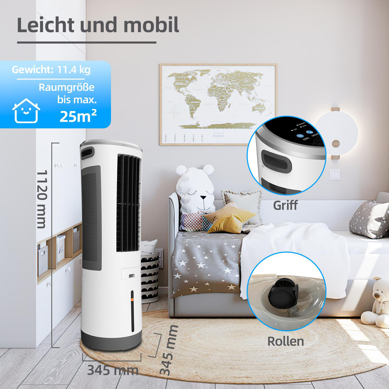 Weißer Luftkühler mit Abmessungen und Gewichtsangaben in einem modernen Schlafzimmer.