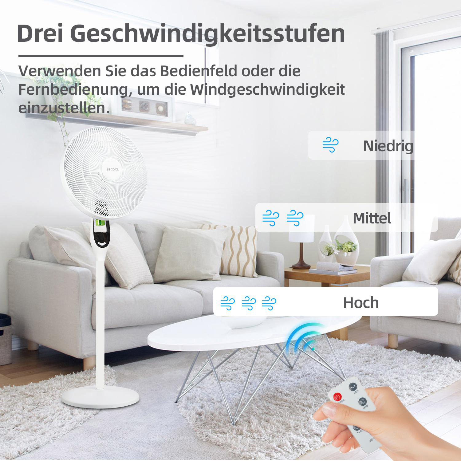 Weißer Ventilator mit Bedienfeld. Text zeigt drei Geschwindigkeitsstufen: niedrig, mittel, hoch.