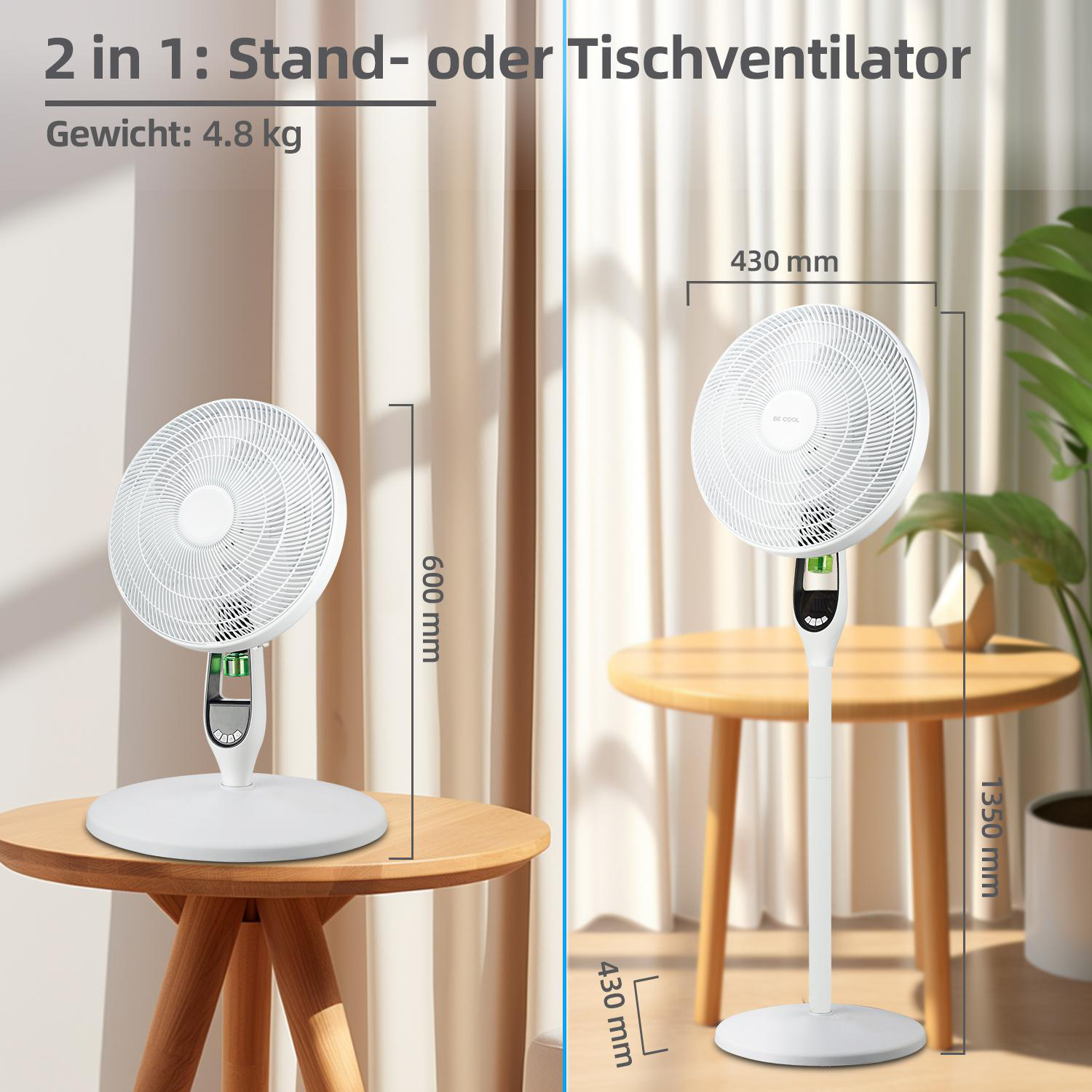 Zwei weiße Ventilatoren auf Tischen. Einer hoch, einer niedrig. Beide zeigen Messungen.