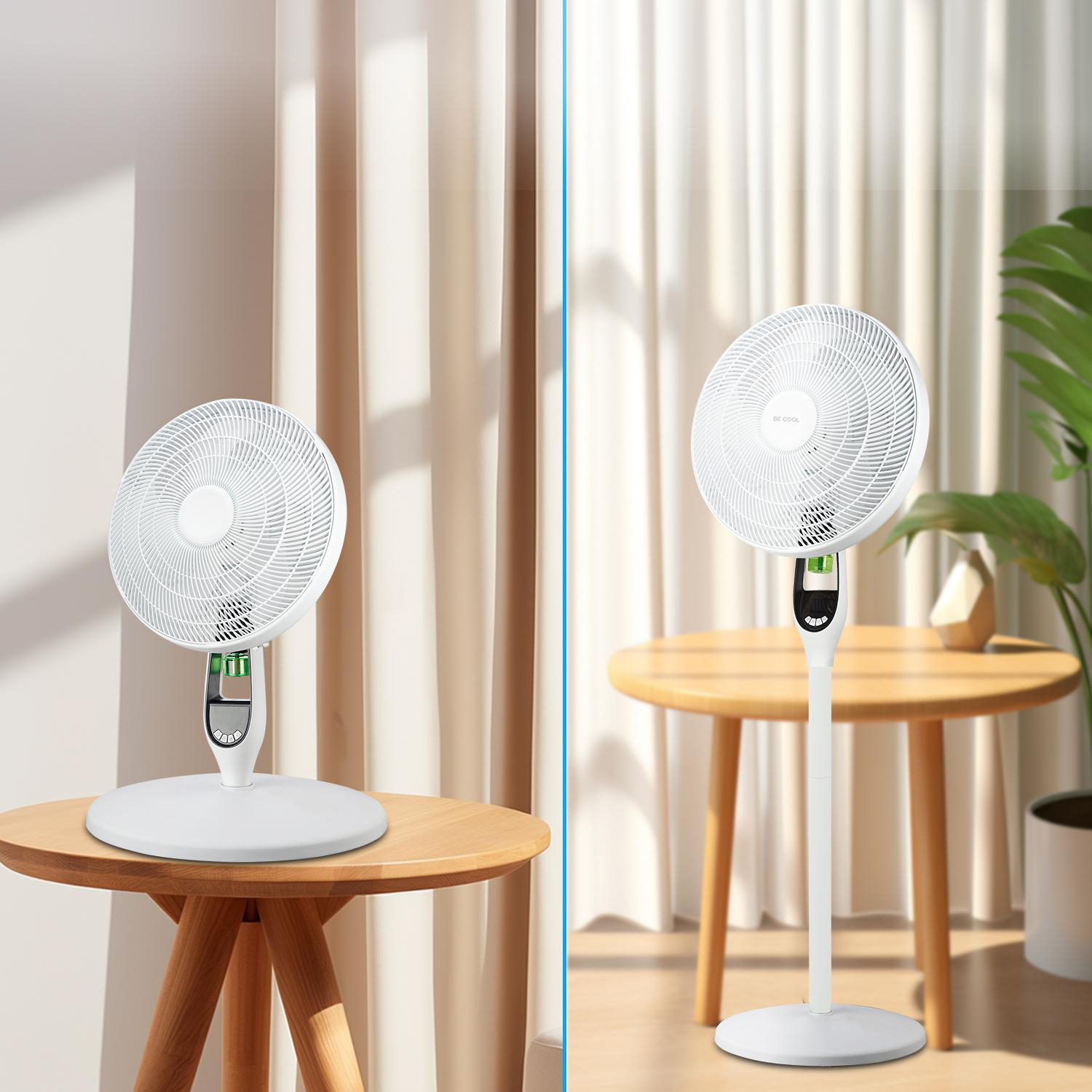 Zwei weiße Ventilatoren auf Tischen, einer auf einem Ständer. Weißer Hintergrund mit Vorhängen.