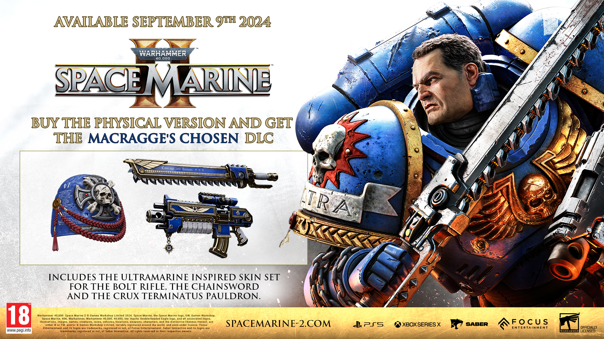 Reklama gry Warhammer 40,000 Space Marine II. Zawiera logo gry, kosmicznego marine i tekst promocyjny.