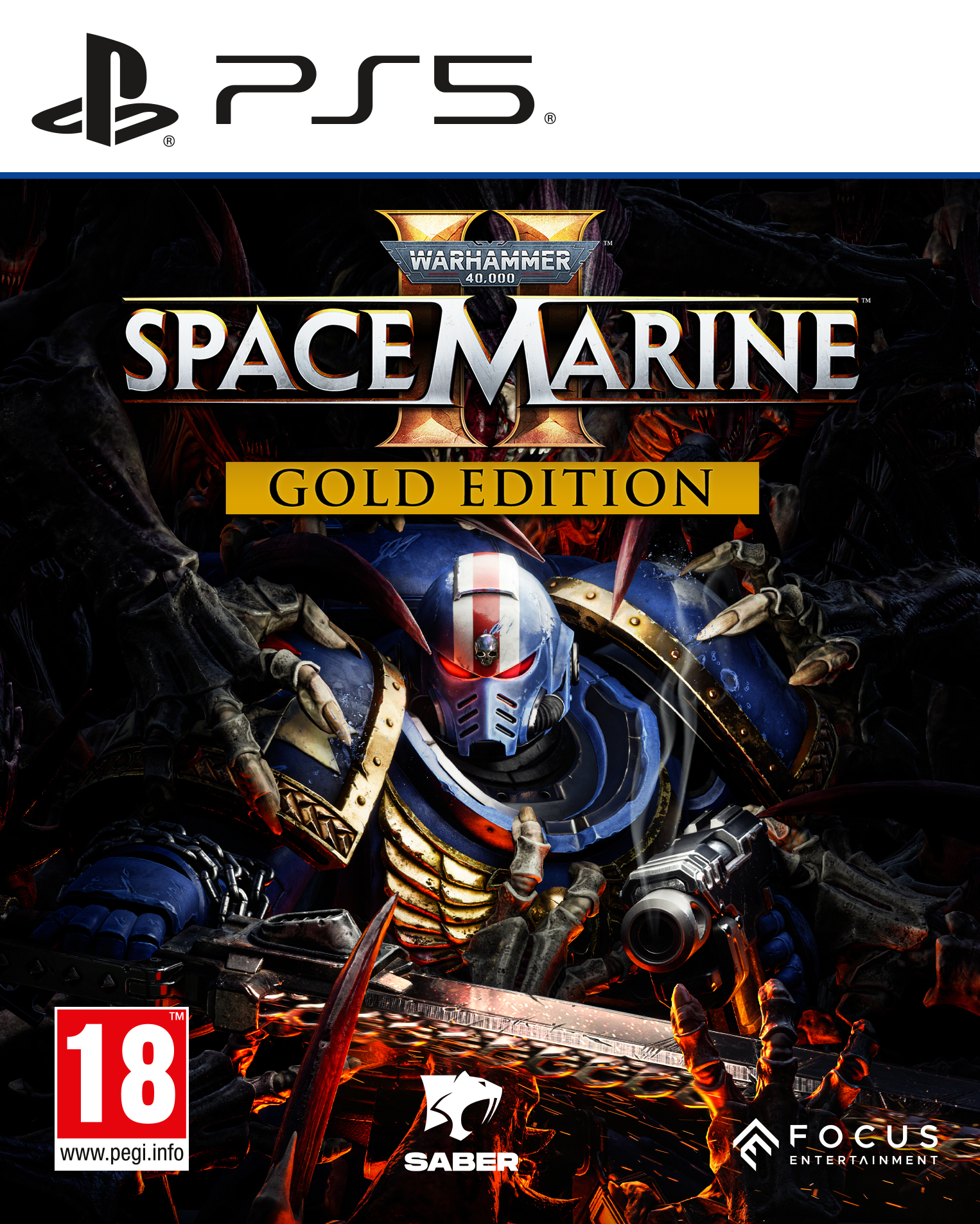 Okładka gry PS5: "Warhammer 40,000: Space Marine 2 Gold Edition". Przedstawiono opancerzonego marine kosmicznego.