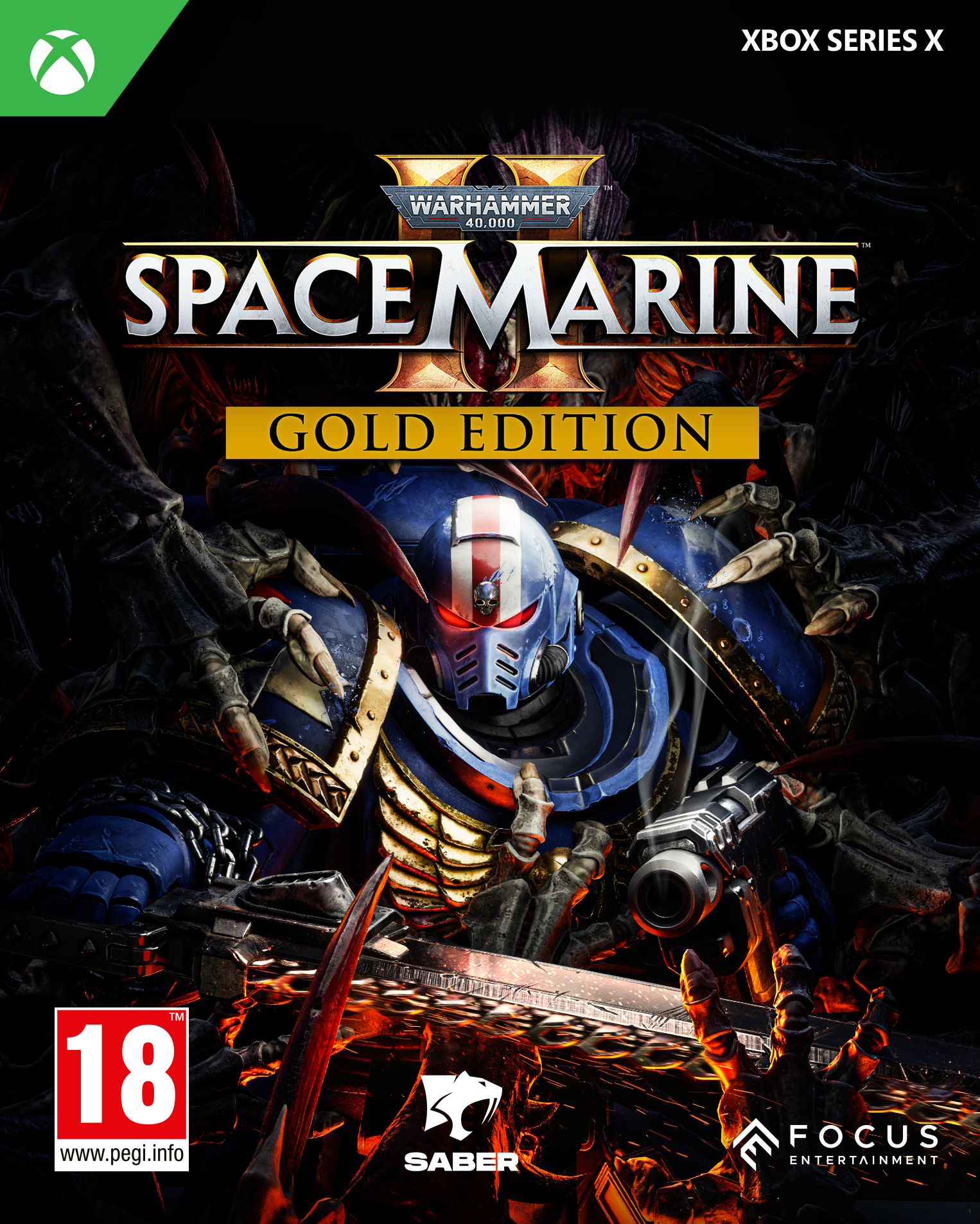Okładka gry Xbox: Space Marine II, żołnierz w niebieskiej zbroi.