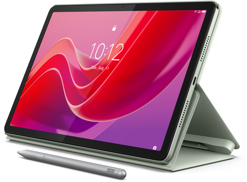 Tablet, amelyen az idő, piros és rózsaszín absztrakt művészet látható, valamint egy ceruza. Olívazöld tok.